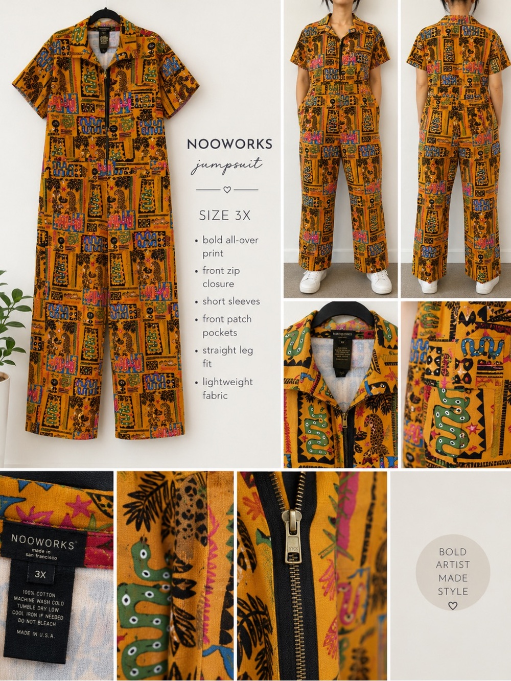 NOOWORKS Women's Bold Mustard Print Jumpsuit - Size 3X
